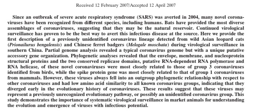SixandLaura's tweet photo. Detection of a Novel & Highly Divergent Coronavirus from Asian Leopard Cats & Chinese Ferret Badgers in Southern China
4/25/2007
#zoonotic #reservoir #circulation_model #phylogenetic_analysis
#bird #mammal #coronavirus #spike #SARSCoV2_timeline #SARS
https://t.co/2TbzayKtCY https://t.co/nIYZ35aB9E