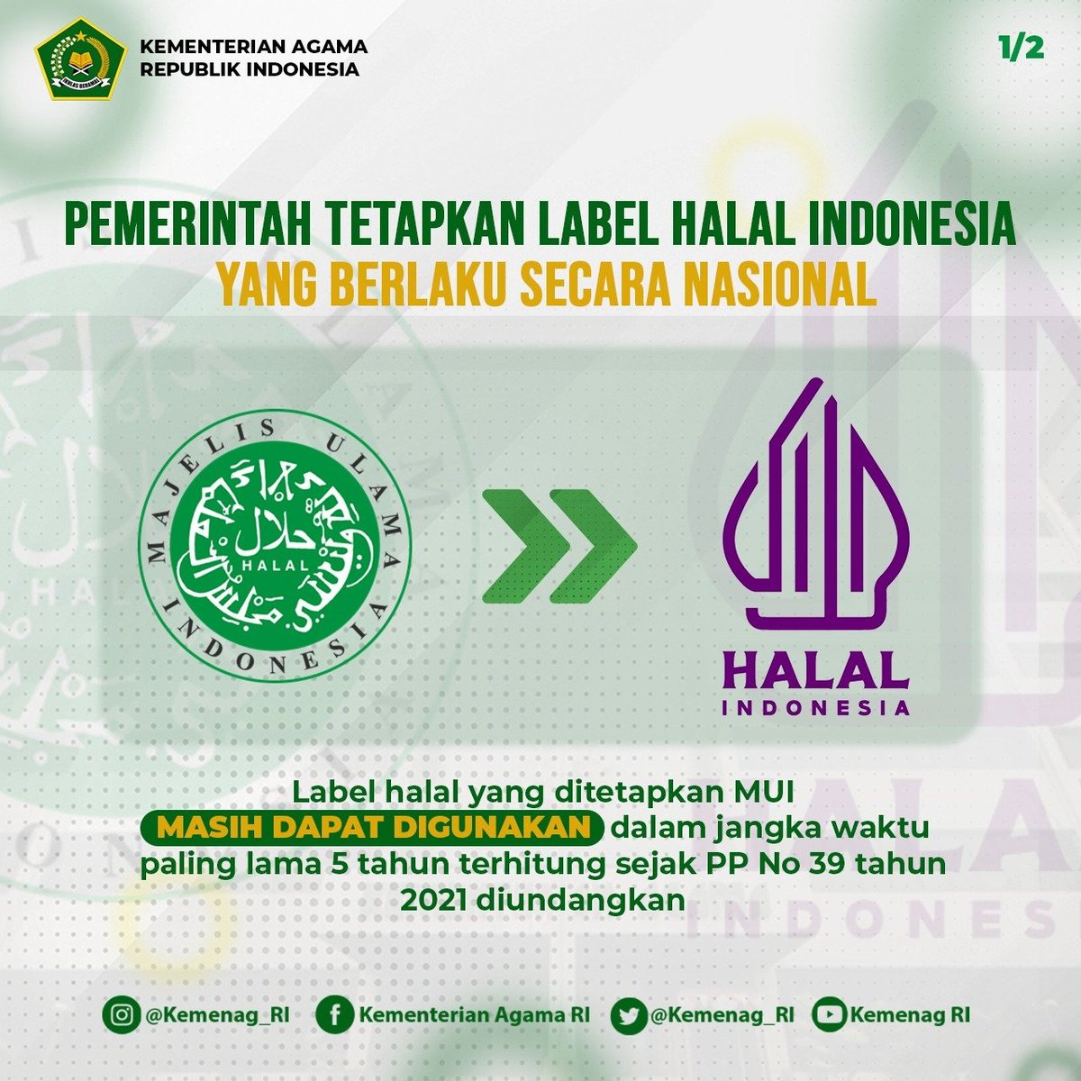Kemenag_RI's tweet photo. Kepala BPJPH Muhammad Aqil Irham menjelaskan bahwa Keputusan Kepala BPJPH berlaku efektif terhitung mulai 1 Maret 2022. Sejak saat itu, Label Halal Indonesia wajib digunakan sebagai tanda kehalalan produk sesuai ketentuan yang berlaku.
https://t.co/5WZ050ZUo2
#HalalIndonesia https://t.co/00aGA72ZlP