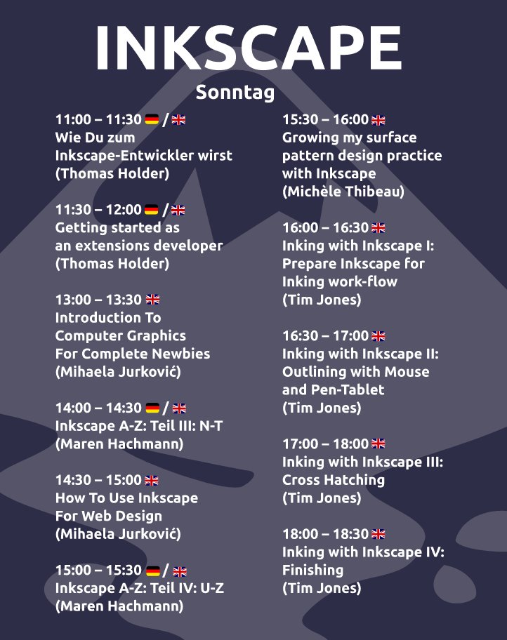 inkscape's tweet image. Day 2 of Chemnitzer Linuxtage! is happening! Visit Inkscape&apos;s booth in the virtual exhibition hall: play.live.linux-tage.de
(our booth is on left by wall, then up to 3rd booth)

Join us live for talks: jitsi.live.linux-tage.de/global-clt22-l…

Meet you there! #inkscape #FLOSS #CLT2022