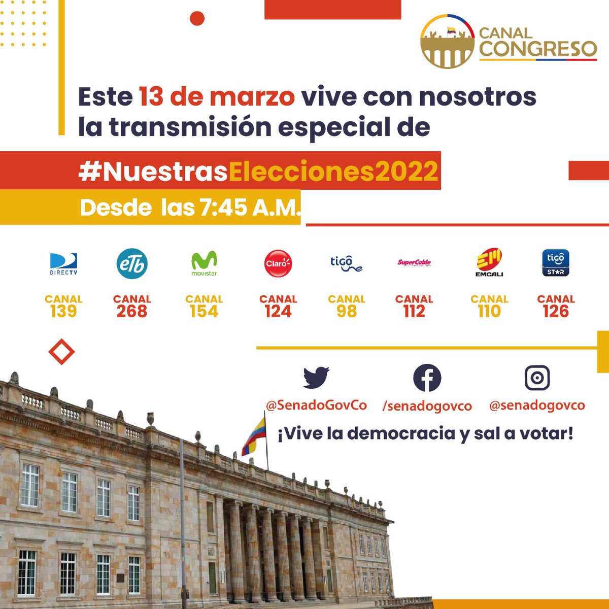 SenadoGovCo's tweet photo. #NuestrasElecciones2022 | No te pierdas ningún detalle del cubrimiento especial que realizaremos de las Elecciones para Congreso de la República, y que podrías seguir #EnVivo🔴 a través de @CCongresoSenado y en nuestras redes sociales. https://t.co/4lv4fVQJFm