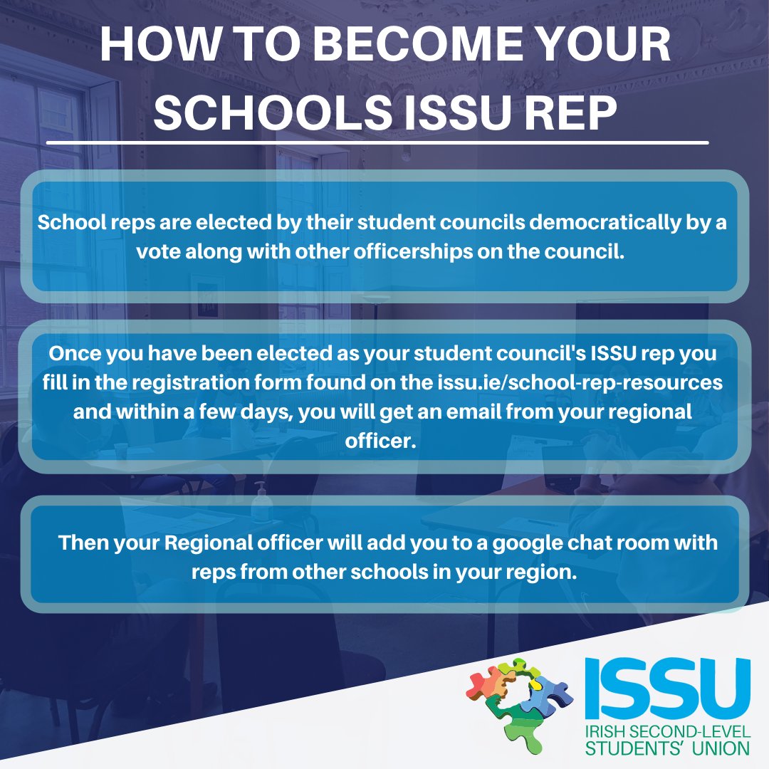issu4u's tweet image. Want to become more involved in the ISSU? 
Become your school's ISSU School Rep! 

Be the link between the ISSU &amp;amp; your student council.  Ensuring students are kept up-to-date as active members of the ISSU. 

Check out more info here: 🔗issu.ie/school-rep-res… 

#ISSU4U #SchoolRep