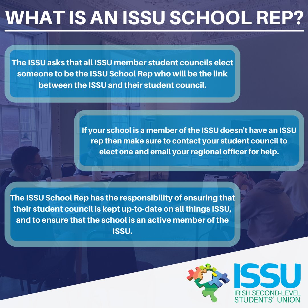 issu4u's tweet image. Want to become more involved in the ISSU? 
Become your school's ISSU School Rep! 

Be the link between the ISSU &amp;amp; your student council.  Ensuring students are kept up-to-date as active members of the ISSU. 

Check out more info here: 🔗issu.ie/school-rep-res… 

#ISSU4U #SchoolRep