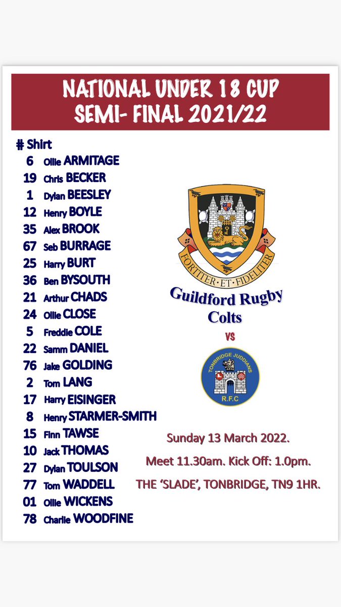 Wishing <a href="/guildfordrugby/">Guildford Rugby Club</a> colts the very best of luck in their U18 National Cup semi final vs <a href="/TJRFC/">TJRFC</a> today. Fantastic to see 5 <a href="/RGSGRugby/">RGS Rugby</a> 1st XV members included in the squad - enjoy the experience everyone!