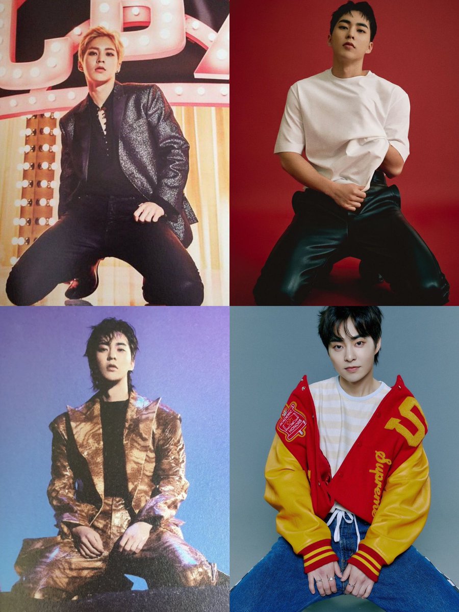 xiutrawberrie's tweet photo. minseok’s “THE” pose is this kneeling down and manspreading while showing off those thicc thighs https://t.co/W6tq8EJx7f