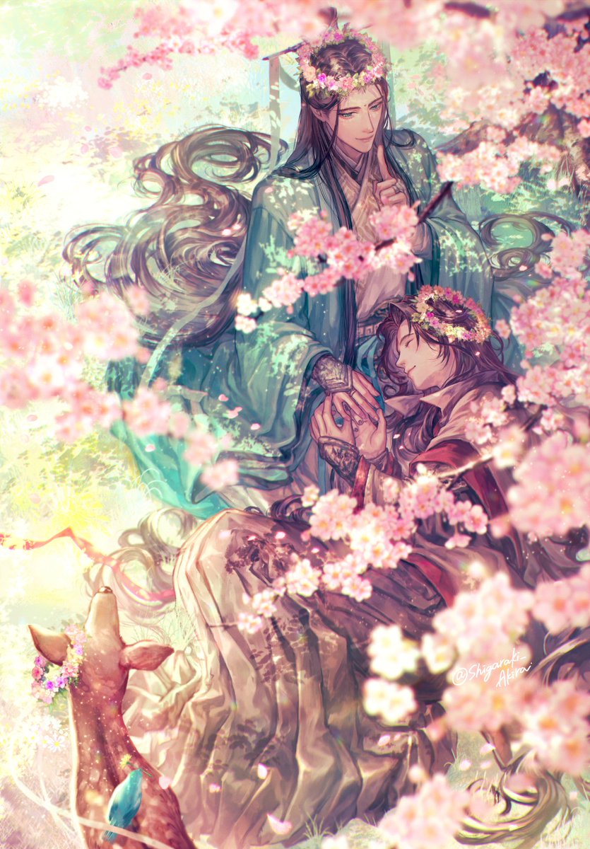 long hair flower chinese clothes 1boy black hair 1girl brown hair  illustration images