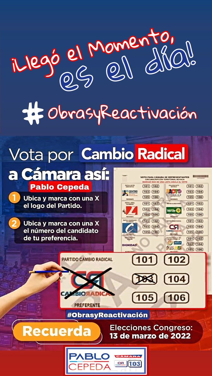 #ObrasyReactivación

💙♥️||. ¡Llegó el momento, es el día!.

Gracias a todos y todas, a cada una de las personas que nos acompañaron en este camino, la invitación es a votar por Cambio Radical 103, Pablo Emilio Cepeda Novoa   ♥️💙

#Cámara103
#Boyacá