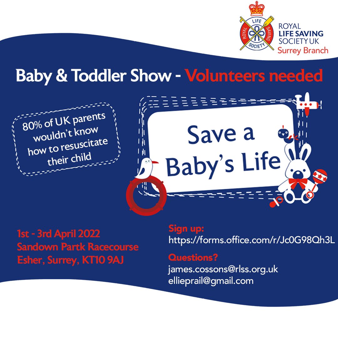 RLSSSRY's tweet photo. The annual Baby &amp; Toddler show returns face to face and we are looking for volunteers to demonstrate and teach Infant CPR &amp; the treatment for choking. Please sign up: 

https://t.co/AE0bGQK2Z4

Please share!
@Youth_RLSSUK @RLSSWessex @RlssSussex https://t.co/nfgGWVw17n