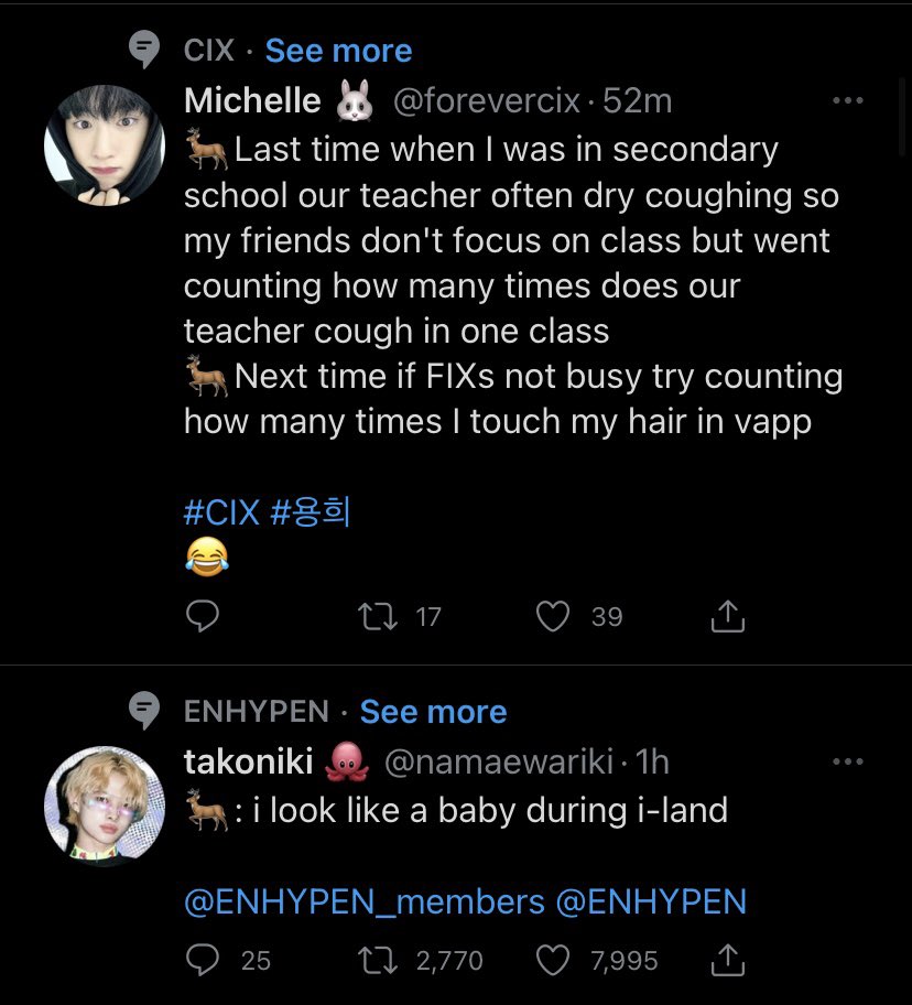 kimbbanghee's tweet photo. this is so cute ;;—;; heeseung and yonghee both went live and their representative emojis are deers ;;—;; hence my attachment to them as well now lmfao https://t.co/pRPde3G8Mp