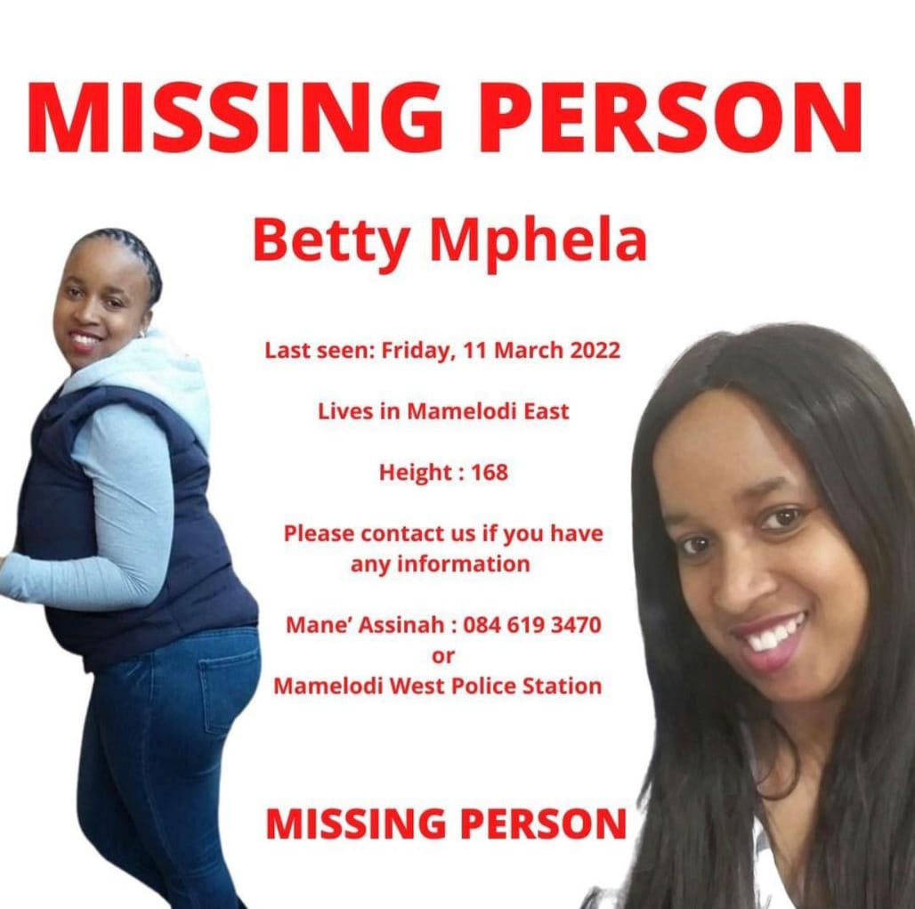 MissBhoza's tweet photo. MISSING PERSON: Please Please help us find our cousin Betty Mphela 😭. For any info on Betty please contact Mmane Assinah on 084 619 3470 or Mamelodi West Police Station.

Please RT - someone might have seen her 🙏🙏 https://t.co/RvnsSplLBZ