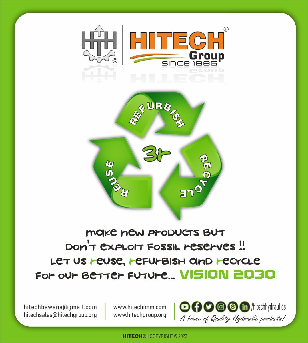 HITECHHYDRAULIC's tweet photo. Let us #ReuseRecycleRefurbish to reduce the carbon foot print which is used to procure raw material to make new parts.
Let us do a bit for mother Nature, to have more secured future. Let's not exploit our fossil reserves.
#Vision2030 #HitechGroup https://t.co/XbSP6aTgWA