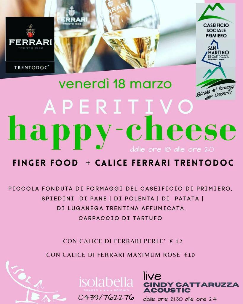 🥂🧀 ⛰ 🎶aperitivo speciale venerdì 18 marzo 

📣 HAPPYCHEESE 

Aperitivo esclusivo con una selezione di chicche casearie del Caseificio di Primiero abbinate alle bollicine del metodo classico TrentoDOC.

🙋🏻‍♀️ Sarai con noi ? 

Prenota al 0439 762276 o … instagr.am/p/CbCvW6wok93/