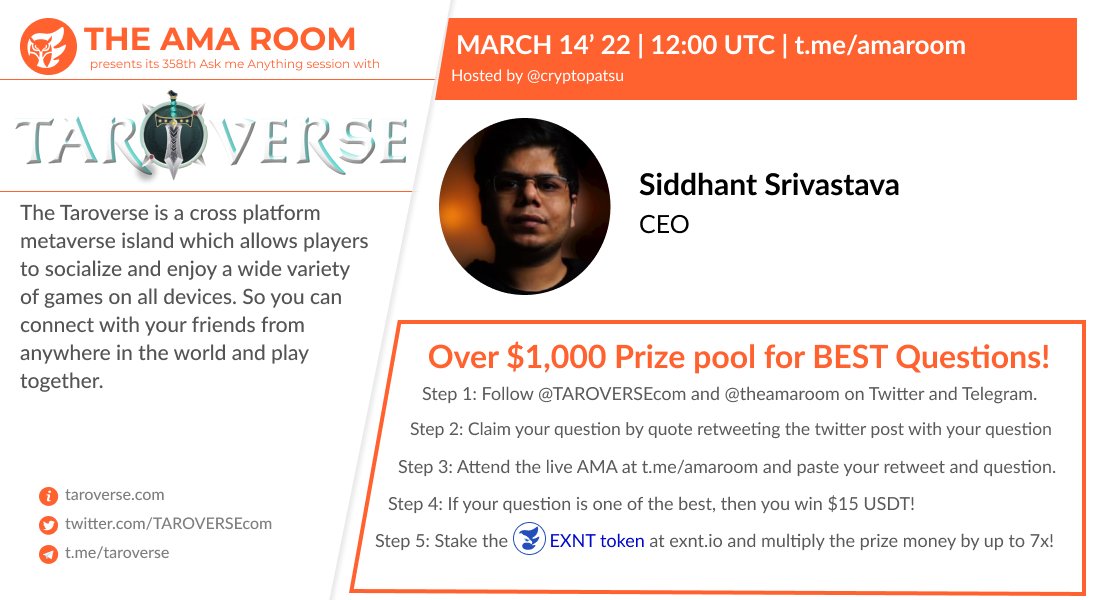 theamarom's tweet photo. Join @TAROVERSEcom with your host @cryptopatsu for another #AMA 🔥

⌚️March 14 | MON | 12:00 UTC
💰Over $1000 #Prize Pool
✔ QUOTE RETWEET this WITH your question to qualify!
📍https://t.co/F6PYTiRmIL

#TaroversexTheAMARoom $TARO #AMARoom #Giveaway 

ℹ️ https://t.co/LemhQDePjW https://t.co/zab39ehLdO