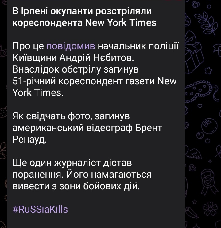 nichvydycia's tweet photo. in Irpin, russians shot dead New York Times reporter Brent Renaud, says Chief of Police of Kyiv Region https://t.co/XxsRb6Skfp