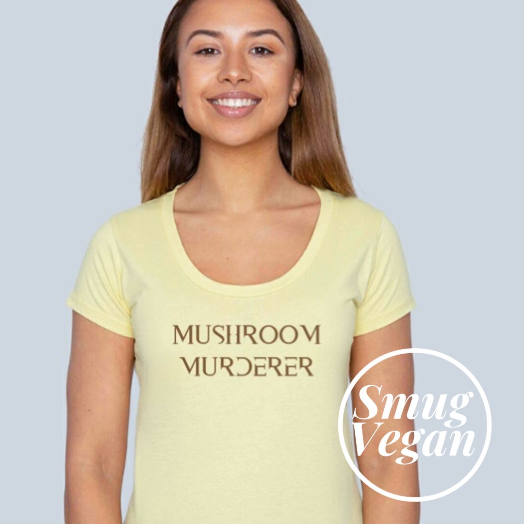 SmugVeganShop's tweet photo. Why isn’t there a bad 80’s film about the death of mushrooms? If there were, it would be called Mushroom Murderer and this would be the unofficial T-shirt that weird kid at school was always wearing. https://t.co/JQlpHZI6Jd https://t.co/kgRCLHXqYp
