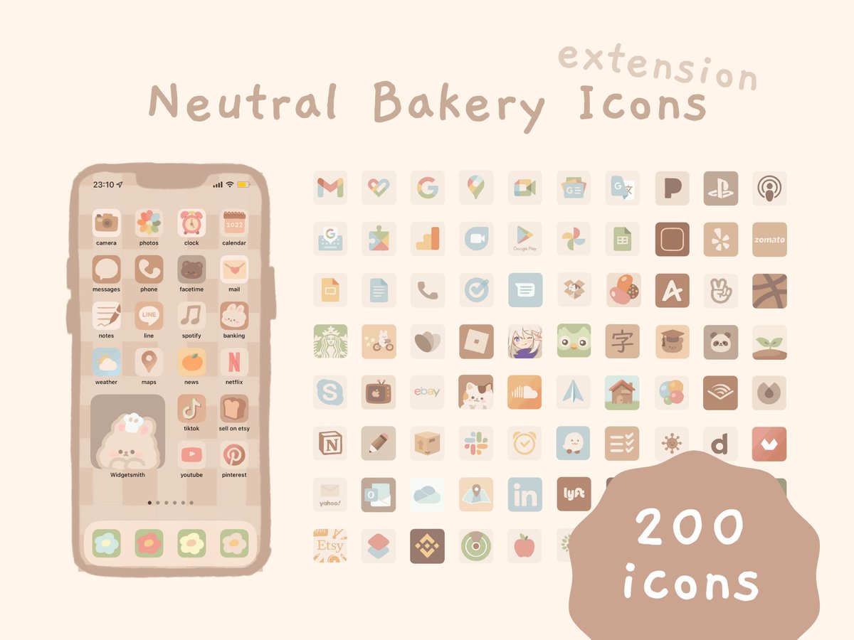 studiocherii's tweet image. So i made an extension pack of my neutral bakery theme and i think i covered most icons now (300 in total) ٩( &apos;ω&apos; )و #iostheme #iosicons #homescreen #ios14 #cuteart #ArtistOnTwitter #aesthetic