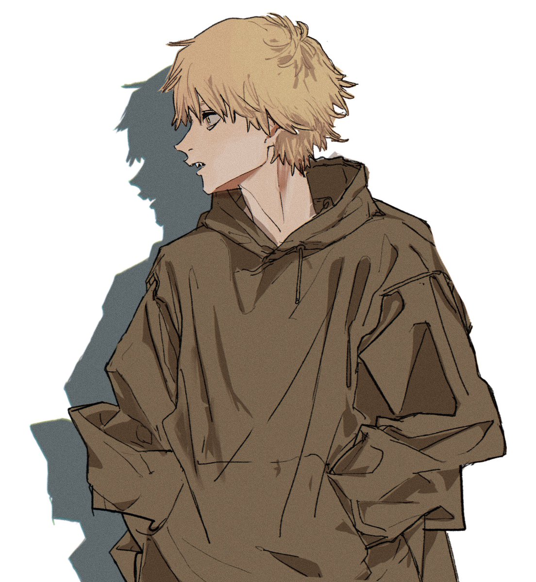 denji (chainsaw man) 1boy blonde hair hoodie hood white background brown hoodie solo  illustration images
