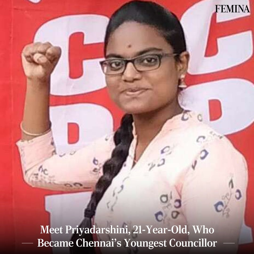 FeminaIndia's tweet photo. Priyadarshini, 21, the daughter of an auto-rickshaw driver, has been elected as Chennai's youngest councillor. She was an active participant in student politics during her college years.

#Achievers #FeminaUnstoppables #consel https://t.co/ZbURyIMh4t