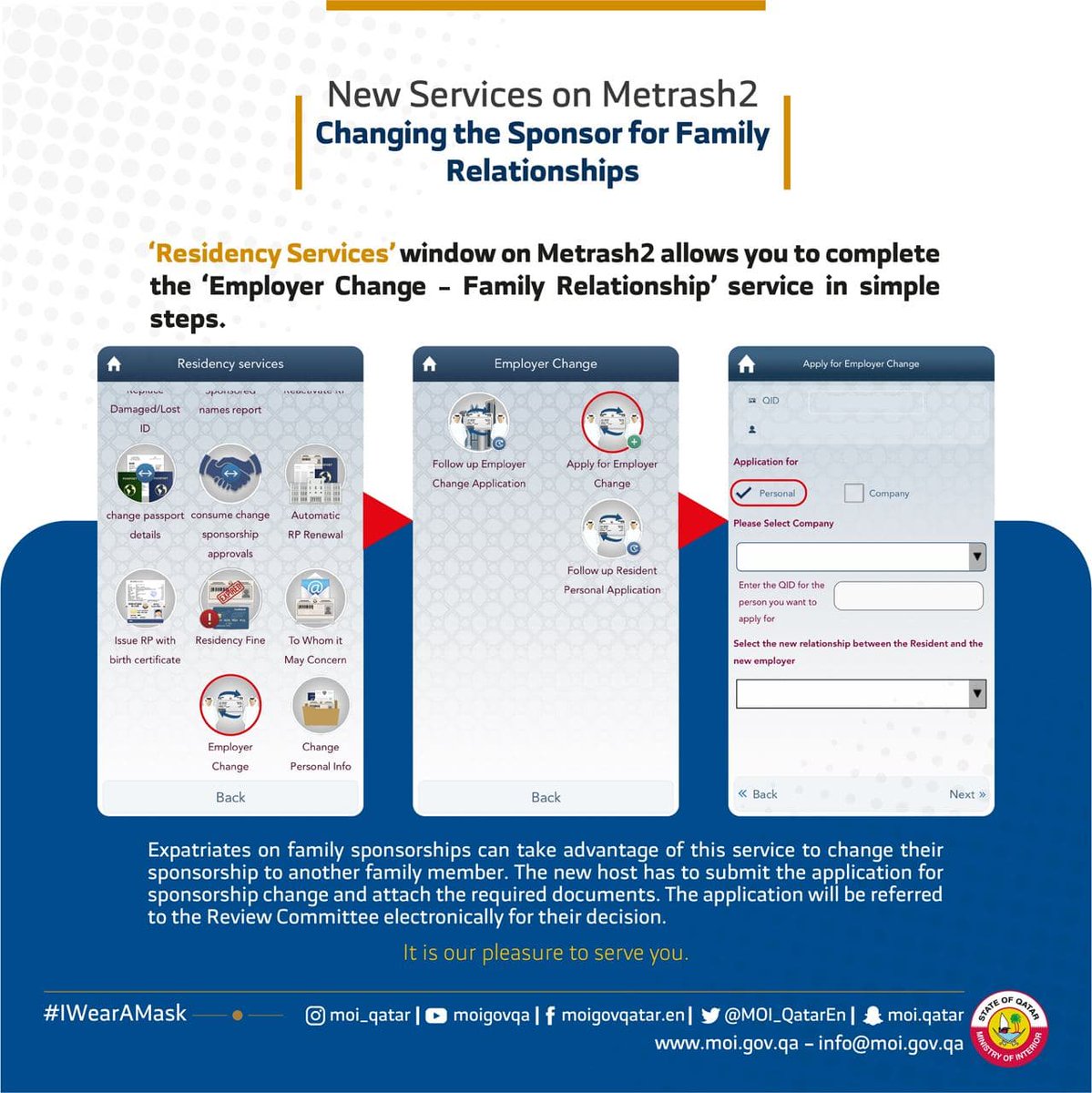 MOI_QatarEn's tweet photo. As part of simplifying and digitalizing services of the Ministry of Interior, some new services have been added to #Metrash2. They include applications for changing personal employers and those of a similar status as well as family sponsorships.  
#MOIQatar #Qatar #Doha https://t.co/IIzZwsG2mw