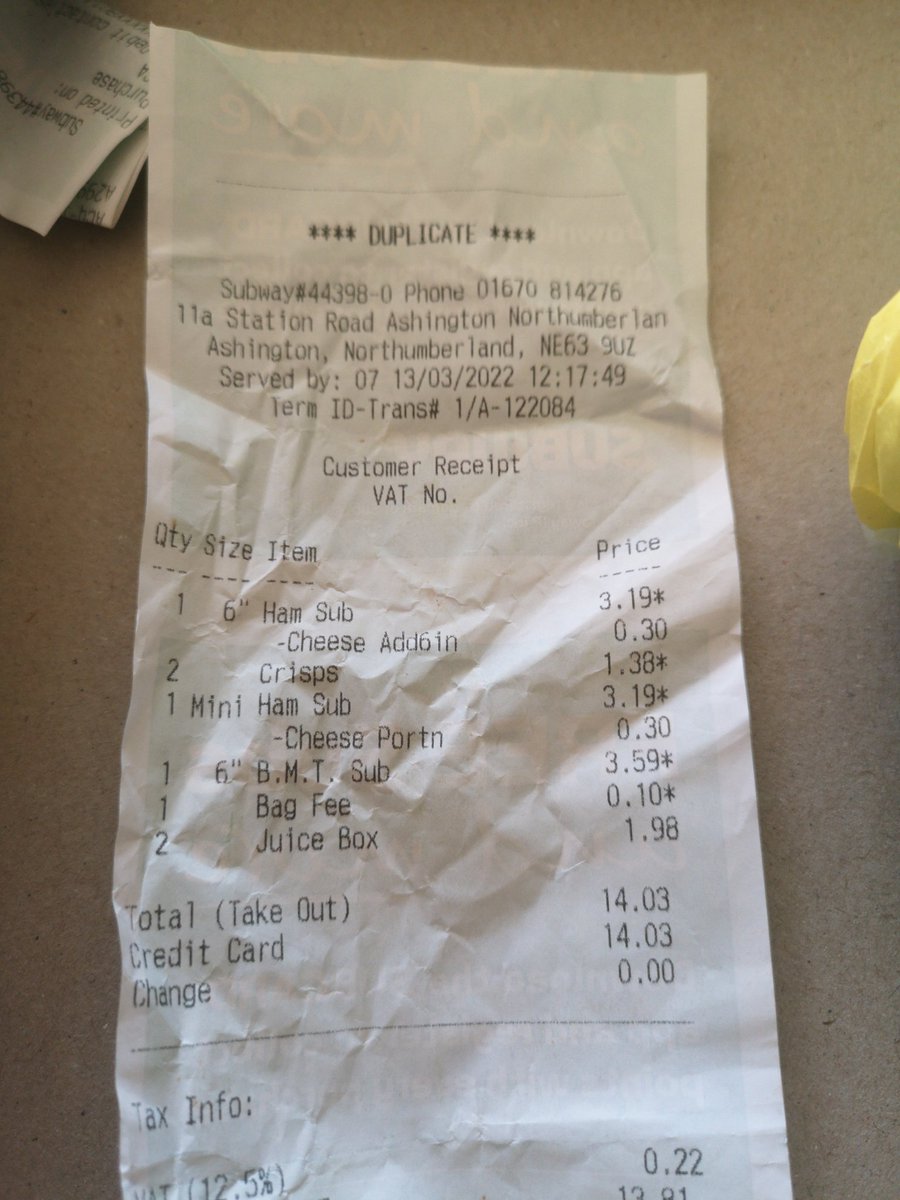 John_H_Photo's tweet photo. @SUBWAY I'm sick of being overcharged each week at the subway in Ashington and told its right.
1 kids pack
1 6 in meal deal
1 6 inch bmt
Everything charged separately with no discount. Happens every week now https://t.co/cS4ELdwkmq
