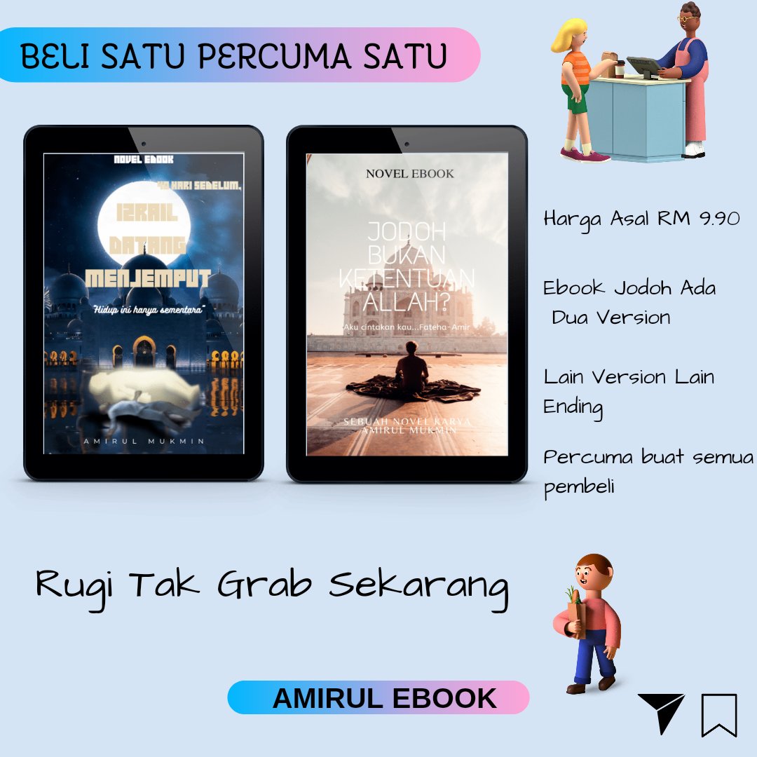 AmirulEbook's tweet photo. Harga ebook ini pun murah je. Hanya RM 13.90 dan sekarang ni ada promosi.

Sesiapa yang belum dapatkan ebook "Jodoh Bukan Ketentuan Allah?" boleh claim secara percuma

Dan jika anda dah pernah beli, anda akan dapat potongan harga. Daripada RM 13.90 jadi RM 9.90 je 🥰✨ https://t.co/q4F9kvWjbi