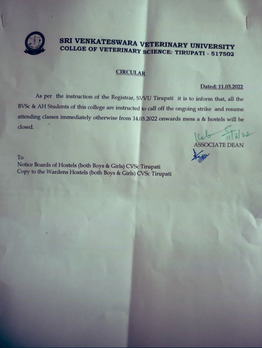 Dr Mahesh Sharma (@dr_maheshs01) on Twitter photo Shameful notice😡😡
हम अपना हक माँग रहे हैं,आपकी Salary नही..और हम तब तक डटे रहेंगे जब तक हमारा हक़ नही मिल जाता।
#WeUnited
#VetUnity
#Increase_Vet_Stipend
#TirupatiVetCollege
<a href="/ysjagan/">YS Jagan Mohan Reddy</a> <a href="/BiswabhusanHC/">@BiswabhusanHC</a> @DrSeediriYSRCP <a href="/PRupala/">Parshottam Rupala</a> <a href="/PMOIndia/">PMO India</a> <a href="/presidentVCI/">Dr. Umesh C Sharma</a> <a href="/drsanjeevbalyan/">Dr. Sanjeev Balyan</a> Shameful notice😡😡
हम अपना हक माँग रहे हैं,आपकी Salary नही..और हम तब तक डटे रहेंगे जब तक हमारा हक़ नही मिल जाता।
#WeUnited
#VetUnity
#Increase_Vet_Stipend
#TirupatiVetCollege
<a href="/ysjagan/">YS Jagan Mohan Reddy</a> <a href="/BiswabhusanHC/">@BiswabhusanHC</a> @DrSeediriYSRCP <a href="/PRupala/">Parshottam Rupala</a> <a href="/PMOIndia/">PMO India</a> <a href="/presidentVCI/">Dr. Umesh C Sharma</a> <a href="/drsanjeevbalyan/">Dr. Sanjeev Balyan</a>
