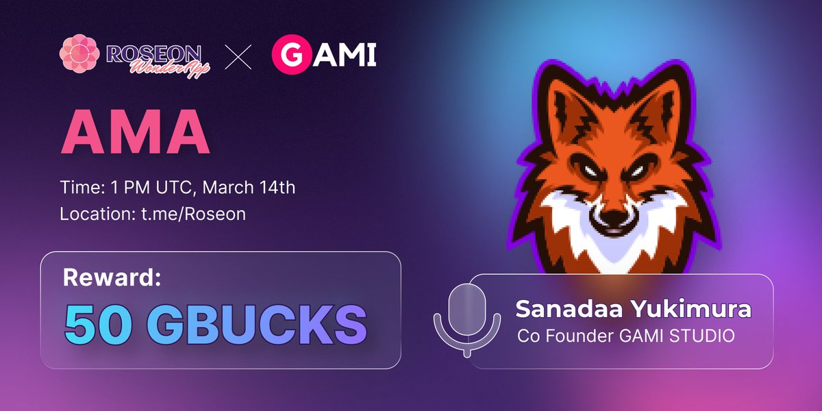 RoseonExchange's tweet photo. 📢🚨AMA ANNOUNCEMENT 

📅: Mar 14th, 1PM UTC
📍: https://t.co/o6Og2zYDh3
🗣: Sanadaa Yukimura, CoFounder of @gami_nft 

Join our event for a chance to win 50 GBUCKS
✔️Join Roseon on TG
✔️Join GAMI on TG
✔️Follow us on Twitter
✔️Follow GAMI on Twitter
✔️Drop your questions 👇 https://t.co/sQnM6p21qq