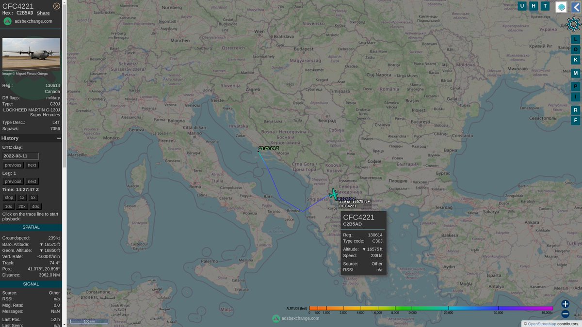 steffanwatkins's tweet photo. 🇨🇦 Meanwhile on 2022-03-11, #RCAF CC-130J 130614|#CFC4221|#C2B5AD flew from 🇭🇷 Split #LDSP, to 🇲🇰 Skopje #LWSK, to 🇵🇱 Rzeszów–Jasionka #EPRZ, and back to 🇬🇧 Prestwick #EGPK.
https://t.co/YCSOBGx2XA
#C2B5AD https://t.co/OlDCdfNZVW