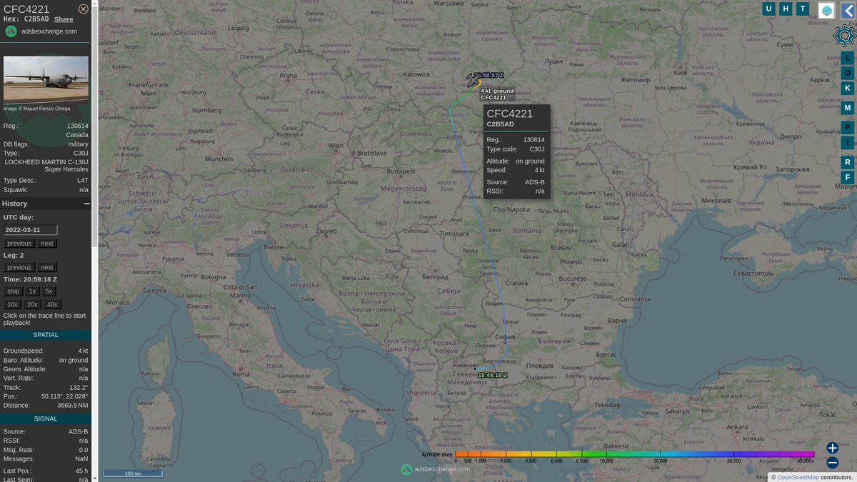 steffanwatkins's tweet photo. 🇨🇦 Meanwhile on 2022-03-11, #RCAF CC-130J 130614|#CFC4221|#C2B5AD flew from 🇭🇷 Split #LDSP, to 🇲🇰 Skopje #LWSK, to 🇵🇱 Rzeszów–Jasionka #EPRZ, and back to 🇬🇧 Prestwick #EGPK.
https://t.co/YCSOBGx2XA
#C2B5AD https://t.co/OlDCdfNZVW