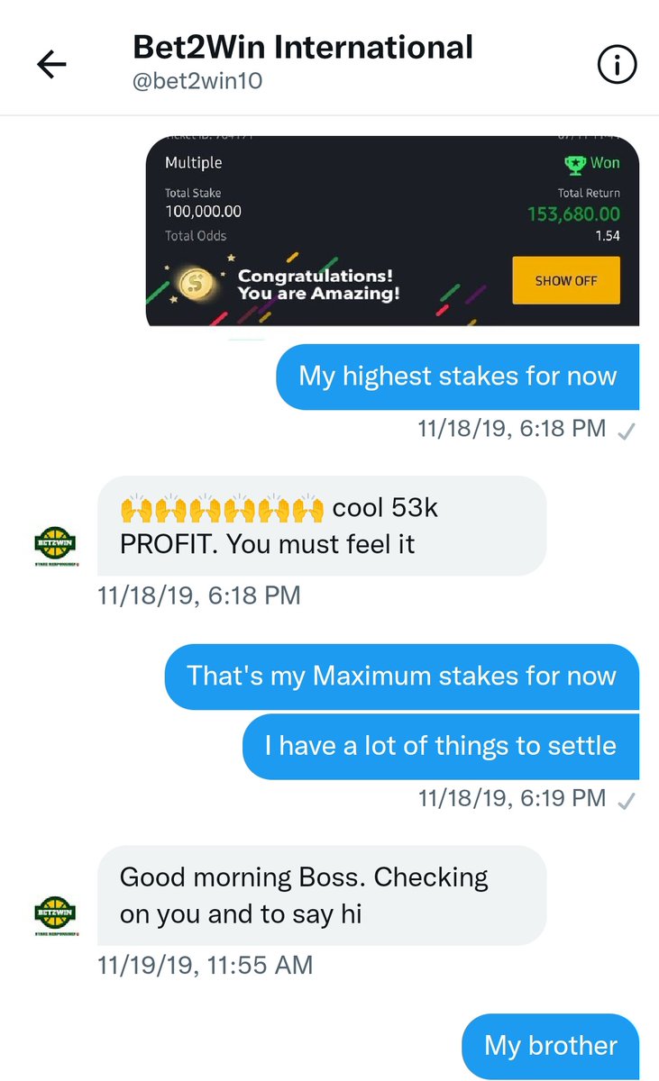 This was my conversation with @bet2win10 when I started staking #100k on 1.50odds daily, may his soul continue to Rest In Peace 🙏

Though it's not easy, but discipline is the key, I was dropping it then, I called it 'HITCHING FINGERS' 🤗