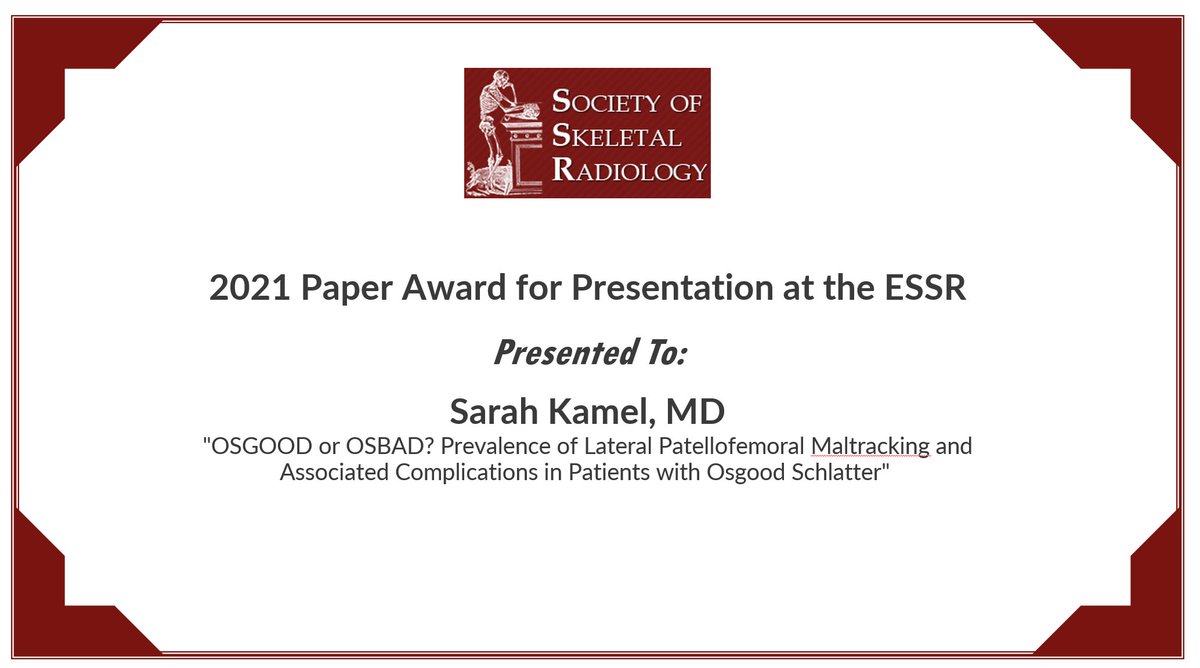 Congratulations to @sarahkamelmd from @JeffersonRads for the 2021 Paper Award for Presentation at the @ESSRmsk! #MSKRad #SSR2022