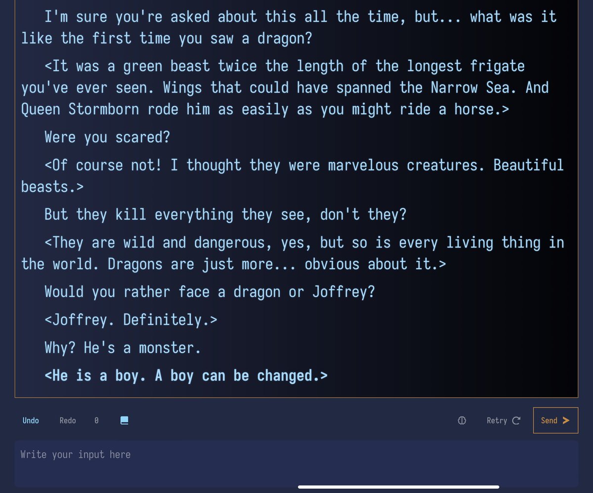 rory_blyth's tweet photo. NEOChat v2.0 is coming (Wednesday, hopefully). I added the ability to switch Personalities.
I just started work on Tyrion Lannister (from that Game of Thrones thing).
The results are promising. The last line is very Tyrion.
#NovelAI is so. frikkin. amazing.
#AIDungeon #HoloAI https://t.co/vVC4BCANb9