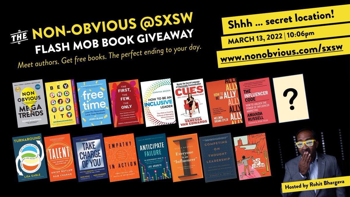 rohitbhargava's tweet photo. You've got 30 minutes to grab a big bag for all these books, first come first served!! Come meet us at 10PM! for the @Non_Obvious #SXSW Flash Mob Book Giveaway. Stay in the loop with all things #NonObvious at #SXSW here: https://t.co/Tjb9r8Kxh6 https://t.co/x8rOxr35Pl