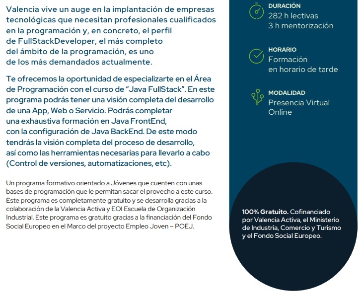 TranviasyTrenes's tweet photo. Estamos en la #SemanadeFallas, pero seguro que tienes un momento para pensar en "el día después". ¿Has pensado en Formarte? @valenciactiva_ &amp; @eoi te ofrecen: "Programación FullStack", un curso gratuito gracias a @garantia_juv : https://t.co/Bo03AEipvU? https://t.co/UuUZWXJZFz