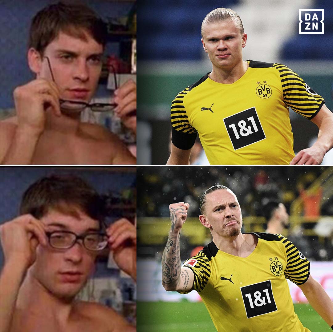 DAZN_DE's tweet photo. Leichte Verwechslungsgefahr nach Dortmunds Führungstor gegen Bielefeld. #BVBDSC https://t.co/5YRMK940Q2