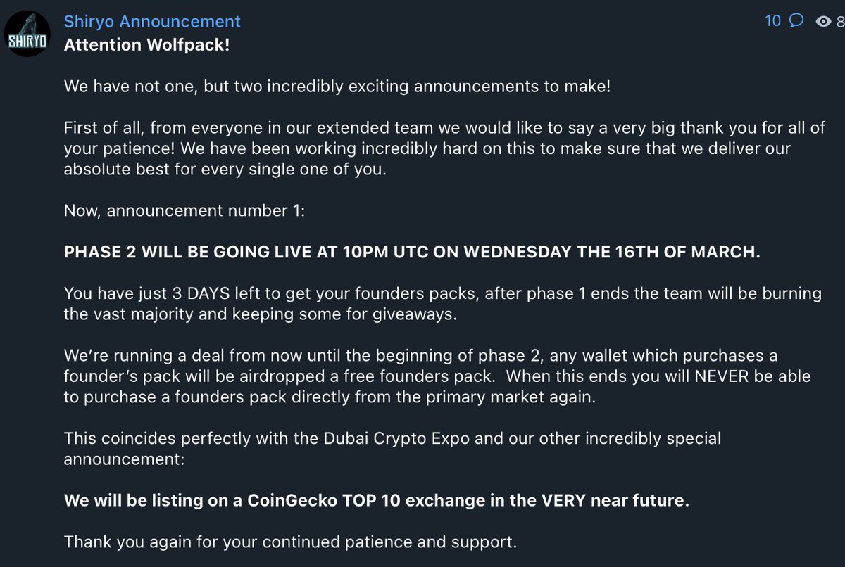 🔥 Attention Wolfpack! 🔥
👀 Please read the image for two extremely bullish announcements! 👀
Mint your packs here --> app.shiryo.com/mint

#Shiryo #ShiryoTCG #ShiryoVerse #ETH #ETHNFT #ShiryoPhase2