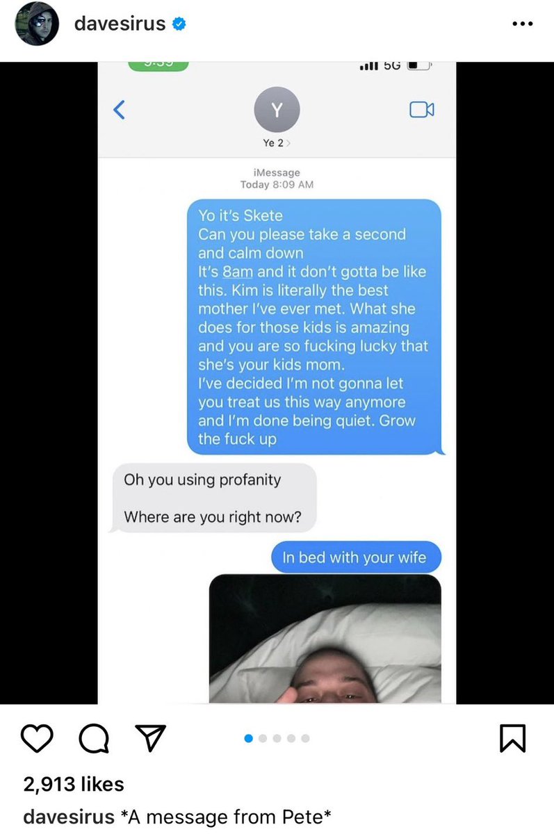 Quand Kanye West demande à l’actuel compagnon de Kim Kardashian où est-ce qu’il se trouve actuellement :

« Je suis au lit avec ta femme ».📸