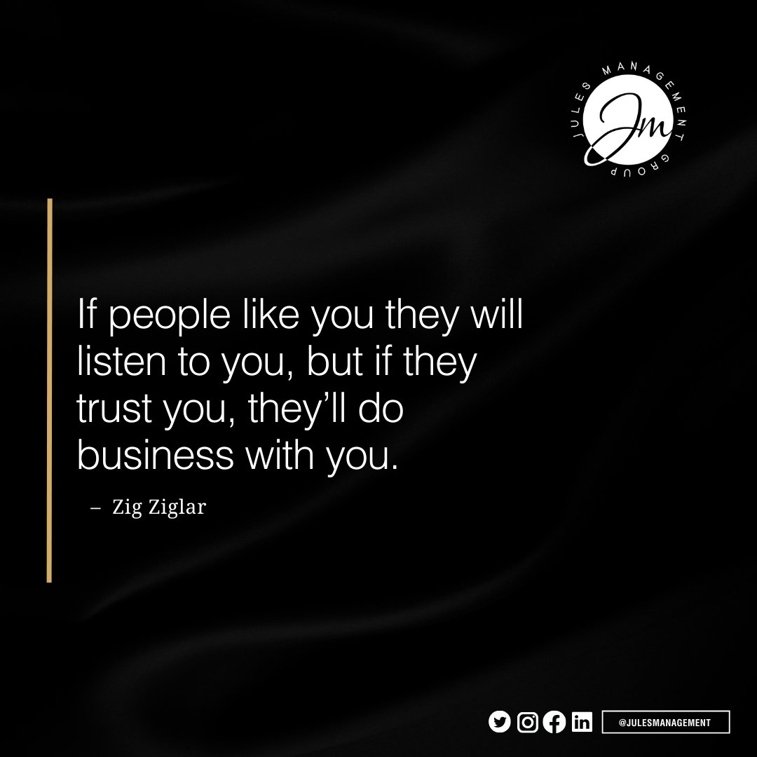 JulesManagement's tweet photo. If people like you they will listen to you, but if they trust you, they’ll do business with you. – Zig Ziglar
https://t.co/zRB5mC23Rg
#socialmedia
#marketing
#digitalmarketing
#marketingtips
#marketingcontent
#contentstrategy
#smmmanager
#socialmediamarketing https://t.co/zfXP2LbKCP