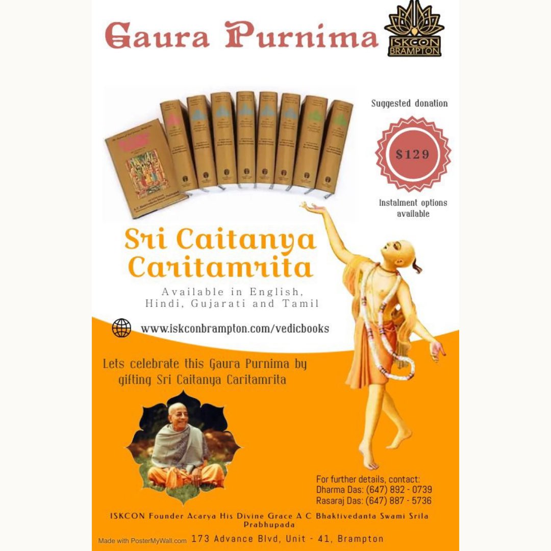 IskconBrampton's tweet photo. Hare Krsna! Let’s celebrate this Gaura Purnima by gifting a Sri Chaitanya Charitamrita! For any details, please refer to the flyer! Hare Krsna! 

#krsna #prabhupada #iskcon #iskconbrampton #haribol #event #auspicious #chaitanyamahaprabhu #gaurapurnima #hare #krsna #celebration https://t.co/mANN6cUxQn