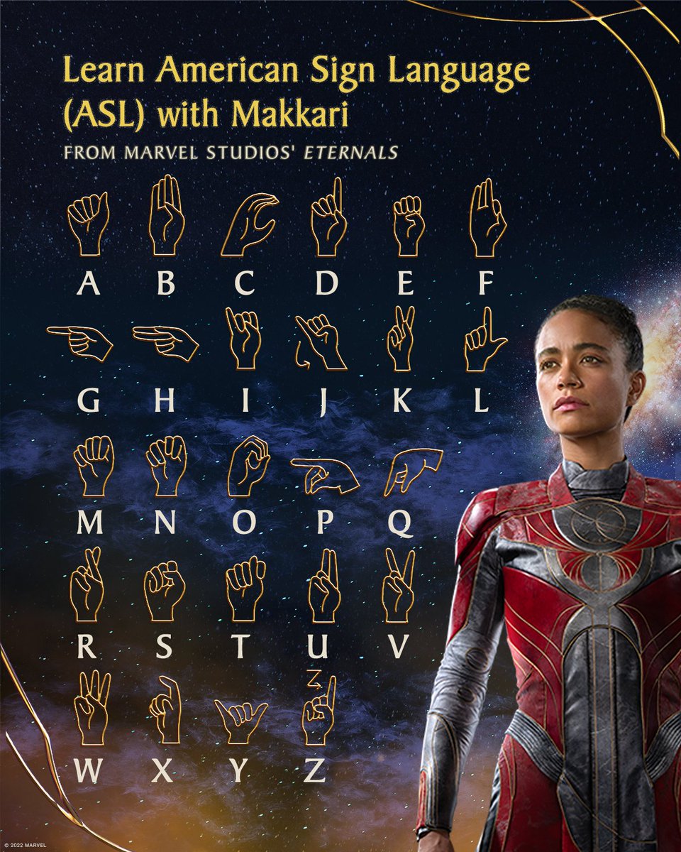 Disney's tweet photo. Learn the American Sign Language (ASL) alphabet with Makkari from @MarvelStudios #Eternals! #DeafHistoryMonth https://t.co/hklCWVN3Lk