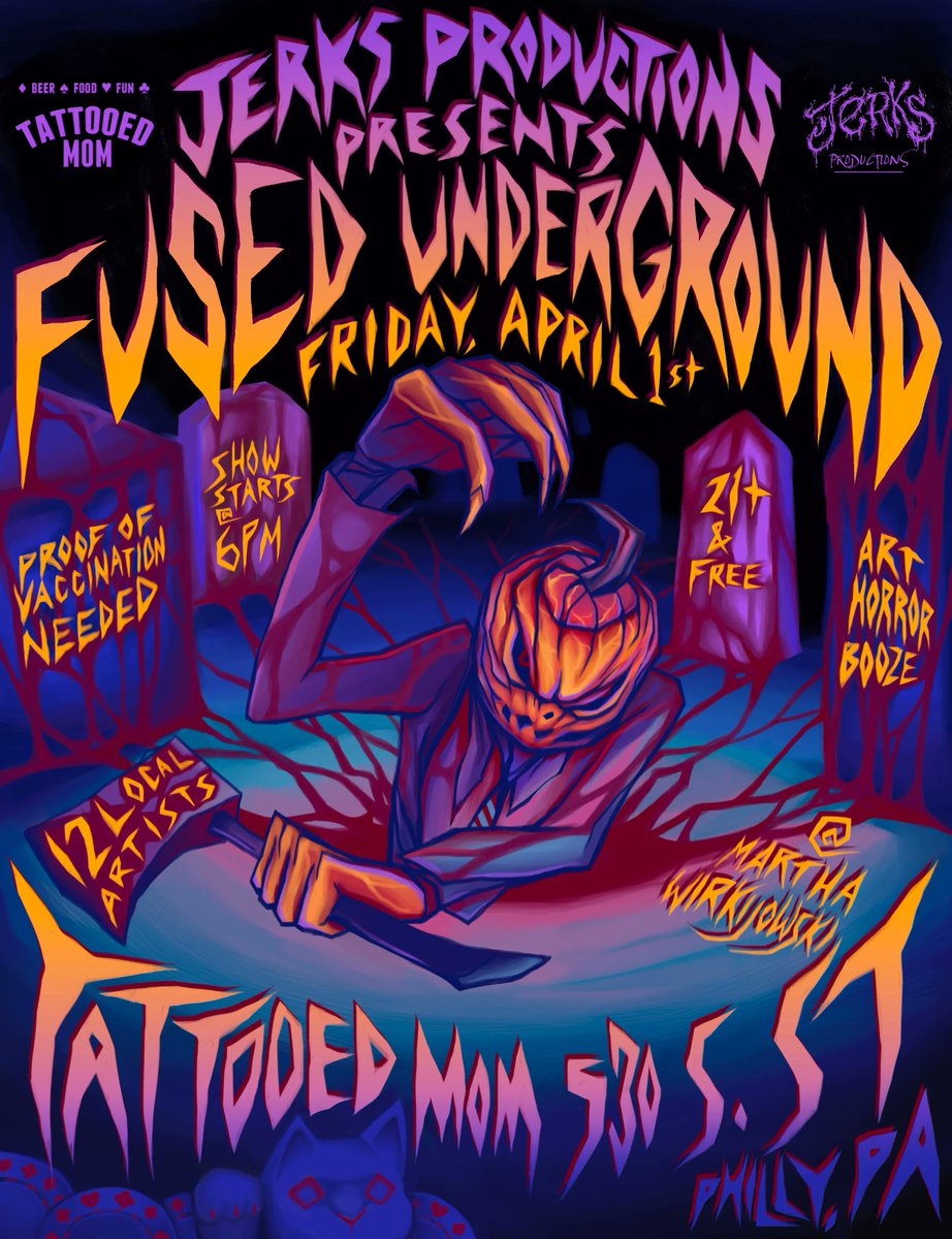 JERKSProduction's tweet photo. See the works of Chelsea Does It &amp; more at #FusedUnderground Friday, April 1st! 
See more of Chelsea's work here: @chelsea_does_it 
https://t.co/M15O8oAFvY
6pm. FREE. Proof of vaccination is required to enter
#JERKSProductions #SupportLocal #SupportLocalArt #TMoms #TattooedMoms https://t.co/9dB57NxVfE