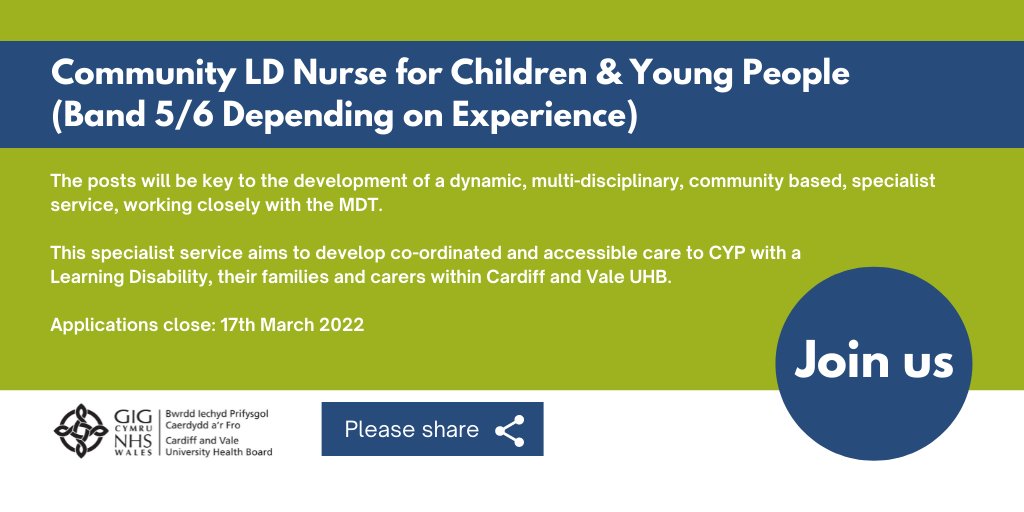 We are looking for two Community LD Nurses for Children &amp; Young People to join an emerging community team within the Children, Young People (CYP) and Family Health Service.

Find out more and apply:
orlo.uk/FkB6t

#NHSJobs #CAVJobs #TrainWorkLive