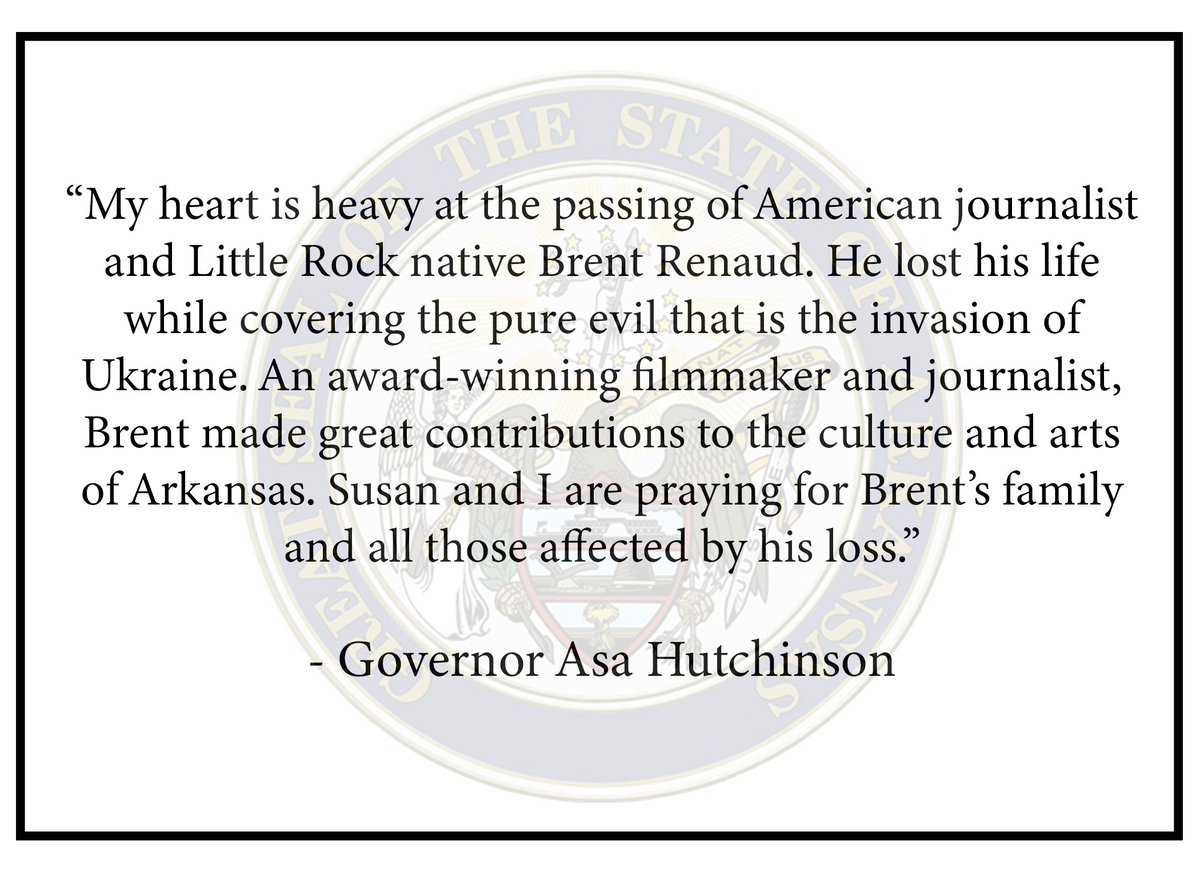 My statement on the passing of Little Rock native Brent Renaud.
