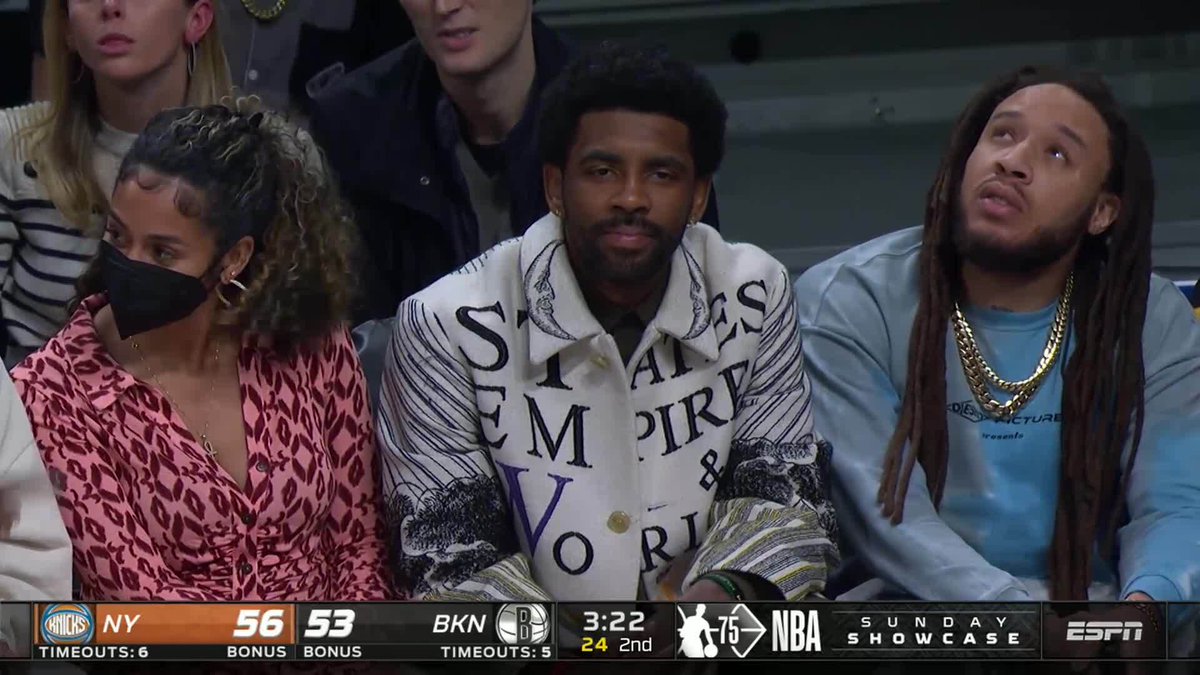 Kyrie Irving is sitting courtside today at Knicks vs. Nets at Barclays Center.

Irving can attend but not play due to NYC's private sector vaccine mandate.