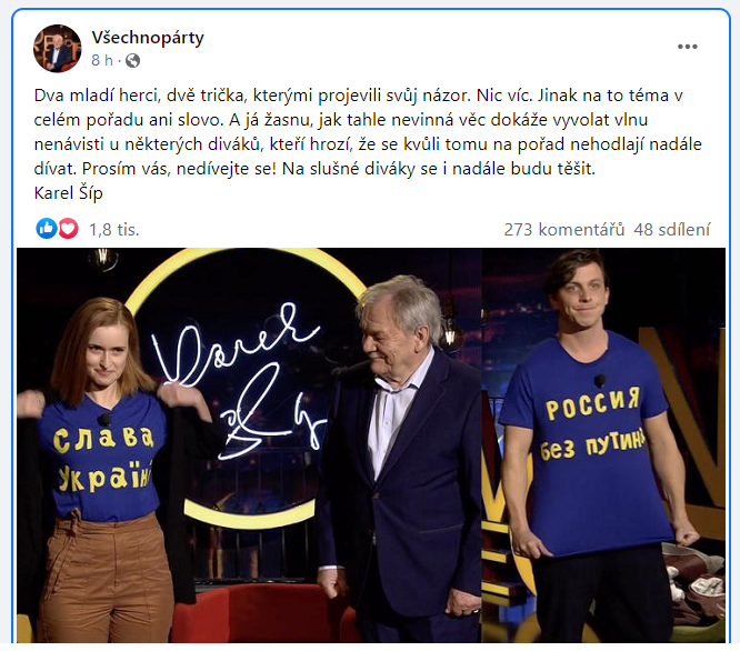 Posledniskaut's tweet photo. "... žasnu, jak tahle nevinná věc dokáže vyvolat vlnu nenávisti u některých diváků, kteří hrozí, že se kvůli tomu na pořad nehodlají nadále dívat. Prosím vás, nedívejte se! Na slušné diváky se i nadále budu těšit." 
Karel Šíp 
https://t.co/KP7uZecGSK https://t.co/EBKsig72y9