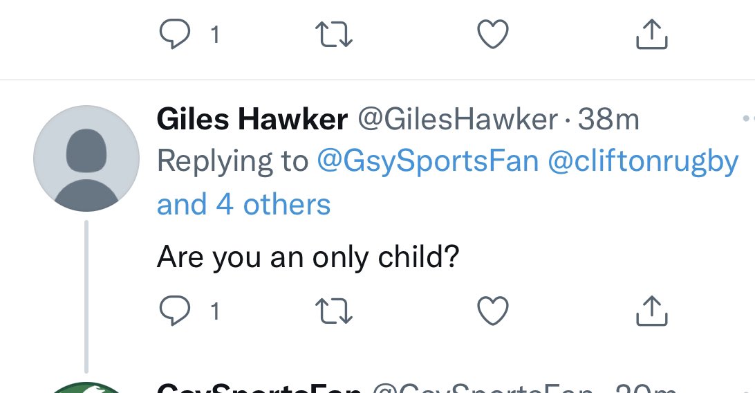 GsySportsFan's tweet photo. @GilesHawker Since old grey head Johnny ‘Giles’ 🍇 blocked. Me I’ll have to do it this way.

You’re the strange one Giles who asked the weird “are you an only child” question to me Mr grey head weird standard profile picture man 

Bet @cliftonrugby are really proud of your behaviour 🙄🖕🏻 https://t.co/eEJfka0chY