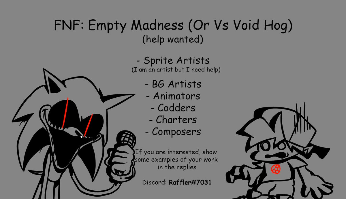 finomoto's tweet photo. I have an idea to make a mod about my exe #voidhog and other Exes as well, but I need help with this! Here is the info for anyone who is interested.
Your Retweet is also very important :D
#FNF #fnfsonicexe #sonicexefnf #sonicexeoc #fnfmods
@News_Funkin @FNFNewsAnnounc1 https://t.co/6yfm2gVvSA