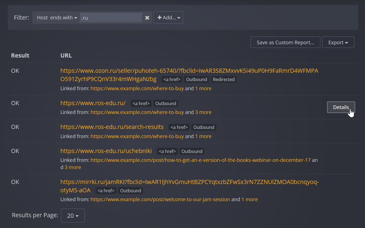 DrLinkCheck's tweet photo. That's it. You now have a list of all links pointing to .ru domains on your website. Hover over a link and click on "Details" for further information on where it was found exactly. #ru #Domains #StandWithUkraine️ 

(7/7) https://t.co/C3YlunbJRD