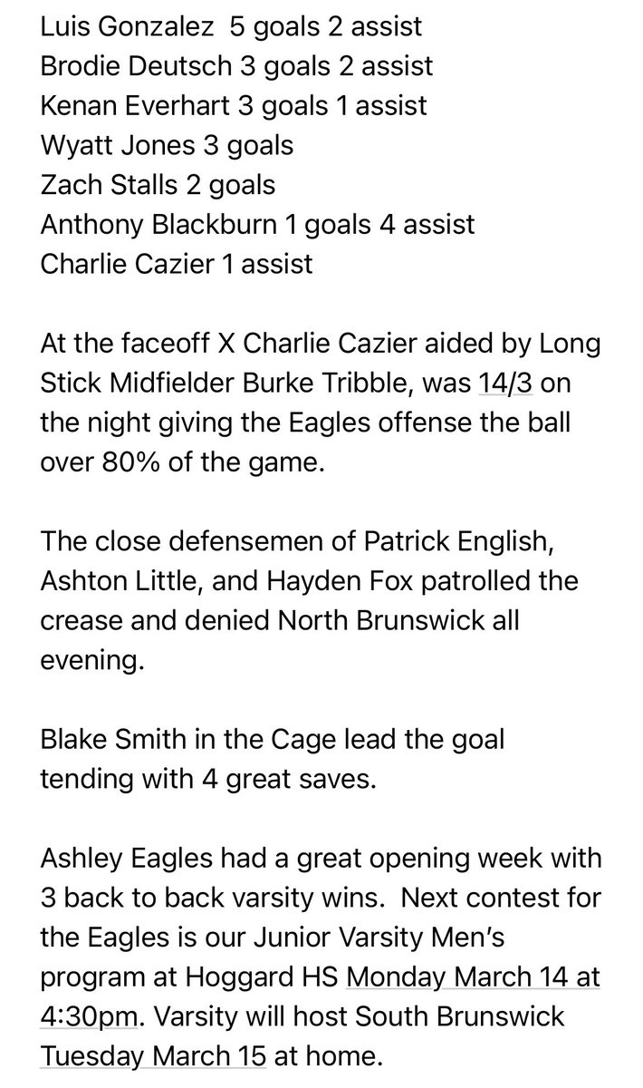 Lacrosse Specialties (@laxsp) on Twitter photo Ashley Men’s Lacrosse continued their season Friday evening at North Brunswick High School. Weather gave them a break with little to no rain during the evening game.
<a href="/AshleyMensLax/">Ashley High School Men's Lacrosse</a> took the win 17-1.
<a href="/StarNewsVarsity/">StarNewsVarsity - Michael Cuneo</a> <a href="/WWAYSports/">WWAY Sports</a>
<a href="/CoastalPreps/">CoastalPreps - Tim Hower</a> <a href="/wectsports/">WECT Sports</a>
<a href="/PortCityDaily/">Port City Daily</a> Ashley Men’s Lacrosse continued their season Friday evening at North Brunswick High School. Weather gave them a break with little to no rain during the evening game.
<a href="/AshleyMensLax/">Ashley High School Men's Lacrosse</a> took the win 17-1.
<a href="/StarNewsVarsity/">StarNewsVarsity - Michael Cuneo</a> <a href="/WWAYSports/">WWAY Sports</a>
<a href="/CoastalPreps/">CoastalPreps - Tim Hower</a> <a href="/wectsports/">WECT Sports</a>
<a href="/PortCityDaily/">Port City Daily</a>