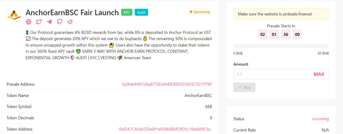 EarnBsc's tweet photo. 💍Anchor Earn BSC

🔥We are KYC and Audited By #PinkSale 

✅Crazy 365% Fixed Staking #APY 
✅4% BUSD Rewards 
✅8% Buybacks from Terra Luna's Anchor Protocol

📢https://t.co/Wi6VsEyFds
🌎https://t.co/Jnol5xTNl6

#BSCGem #FairLaunch #Anchorprotocol #bnb #CryptoNews #presales https://t.co/PJbSjuobaC