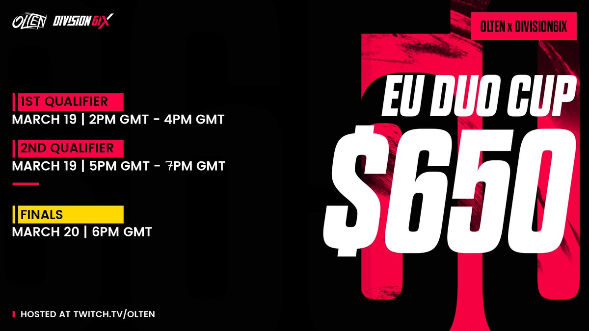 0lten's tweet photo. $650 @Div6ix x @0lten EU Duo Cup

We're giving away 5 invite spots to finals!

To enter: 
- Follow @Div6ix &amp; @0lten 
- Retweet
- @ your duo

1st Qualifier (Saturday @ 2pm GMT) https://t.co/jyFHmKL81J
2nd Qualifier (Saturday @ 5pm GMT) https://t.co/fSyiqI8qQj https://t.co/C4s4YdFGw3